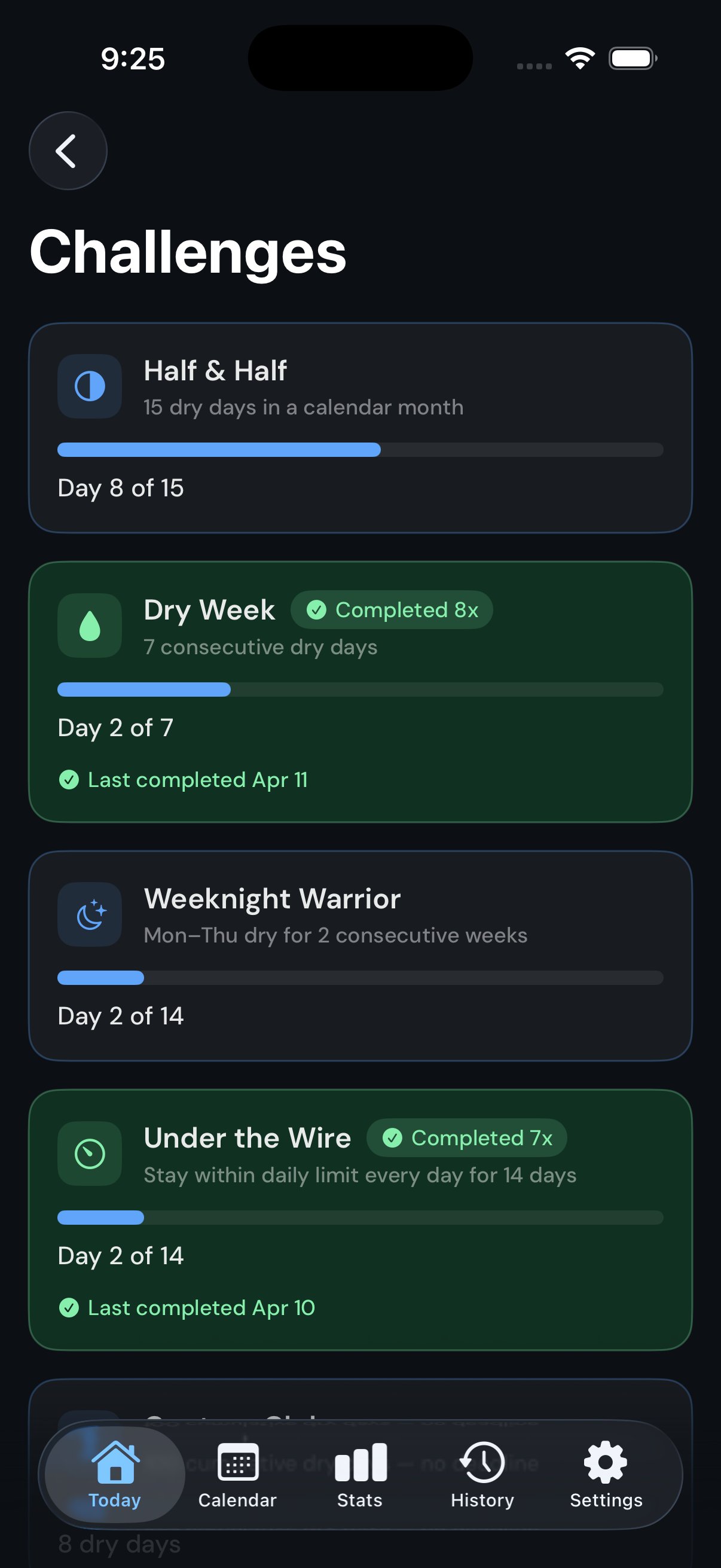 Challenges screen dark mode